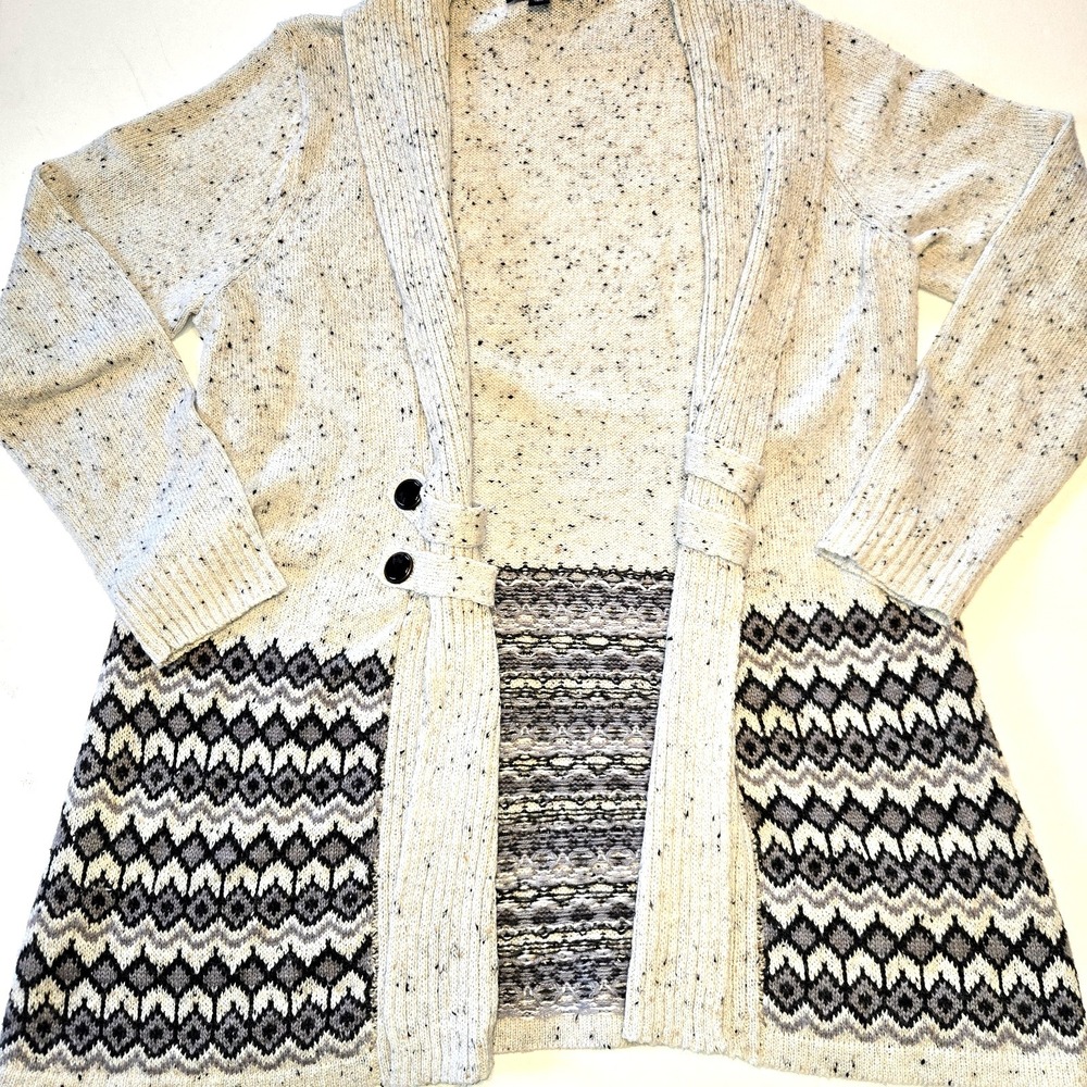 Fortune Ivy Tan Confetti Opened Front Fair Isle Long Womens Knit Cardigan Med